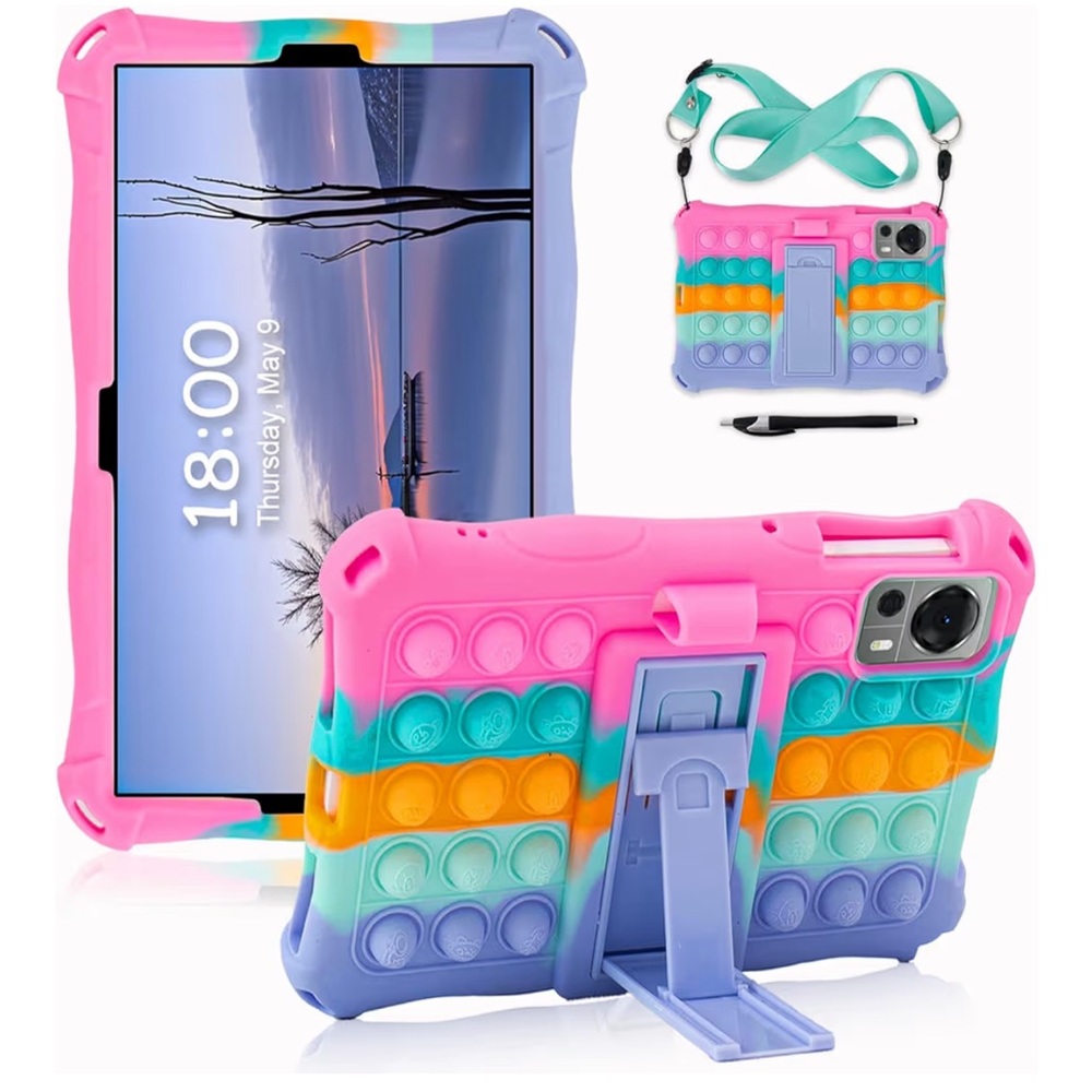 8" Bubble Multicolor Silicone Tablet Case w/ Adjustable Lanyard/Stand